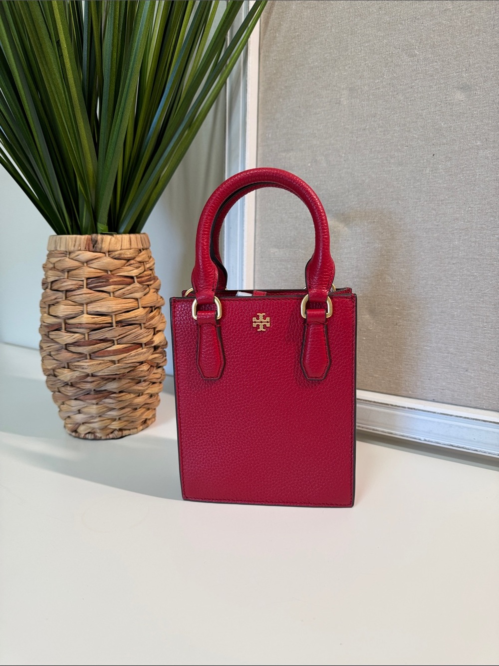 Tory Burch Small Pebbled Leather Tote Mini Shopper in Red with Gold Hardware
